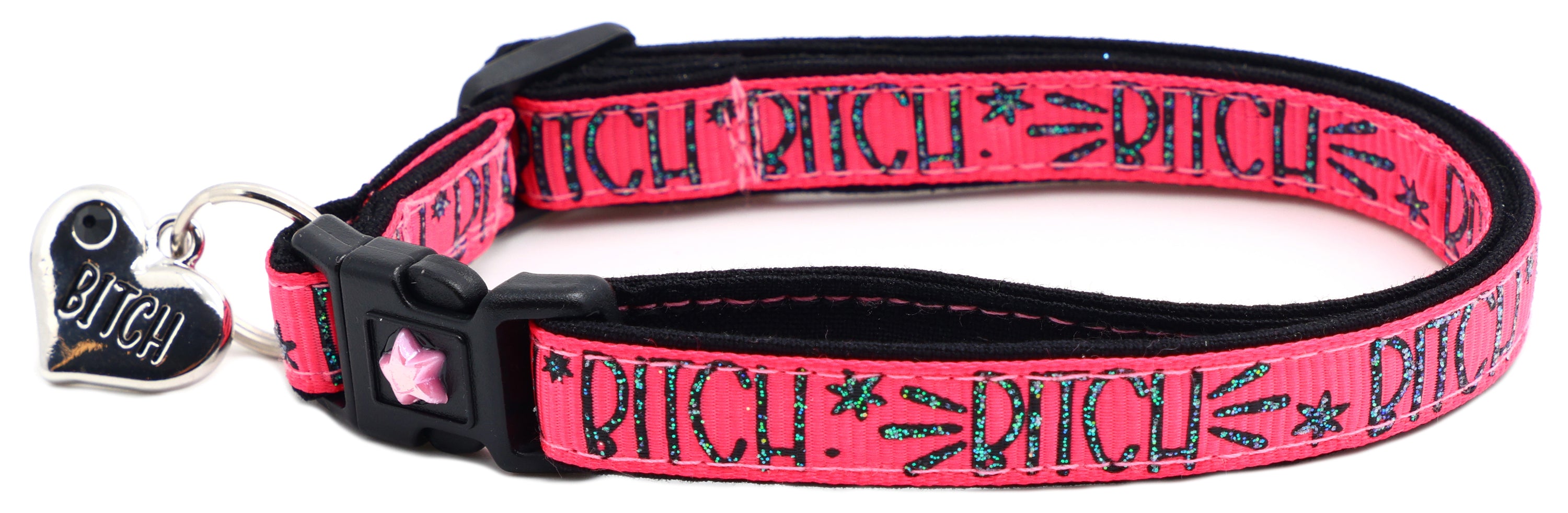 Bitch 2 Breakaway Cat Collar in reinforced cotton with breakaway clips and removable bell, available in various sizes.